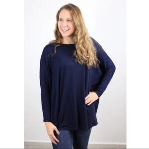 Oversized Long Sleeve Round Neck Top - Navy